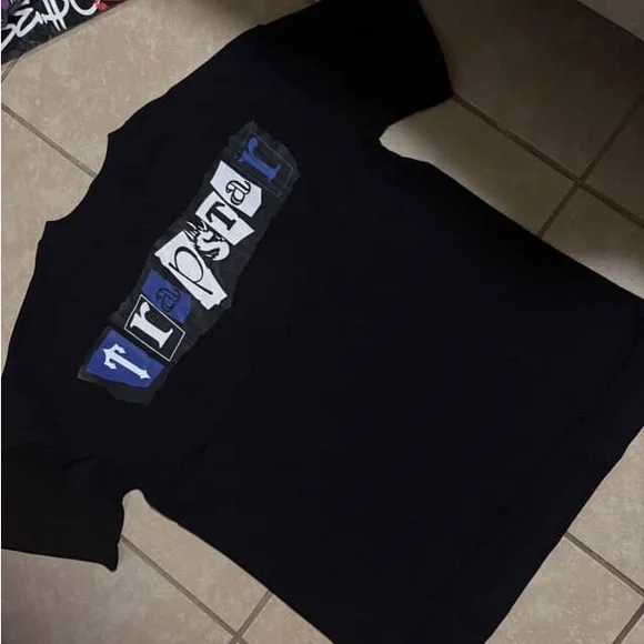 Black Graphic T-Shirt with White and Blue Design - Picture 2 of 2